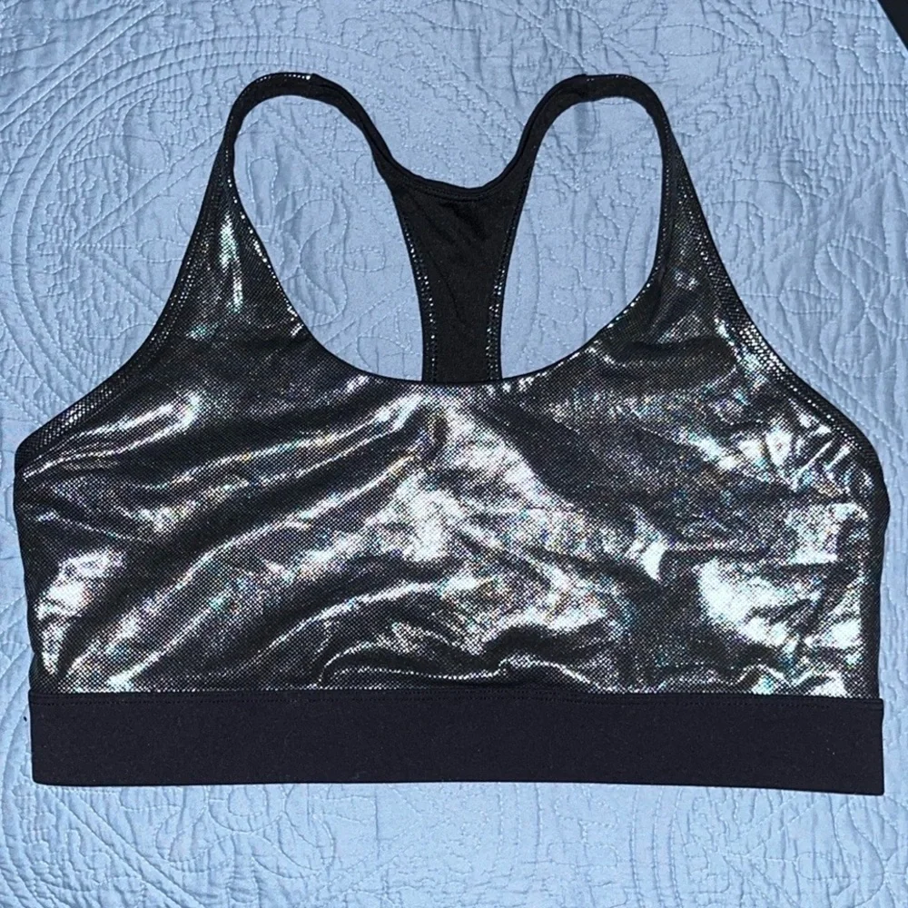 ZYIA Gunmetal Disco Ball Oil Slick‎ Luxe Sports Bra Metallic Silver